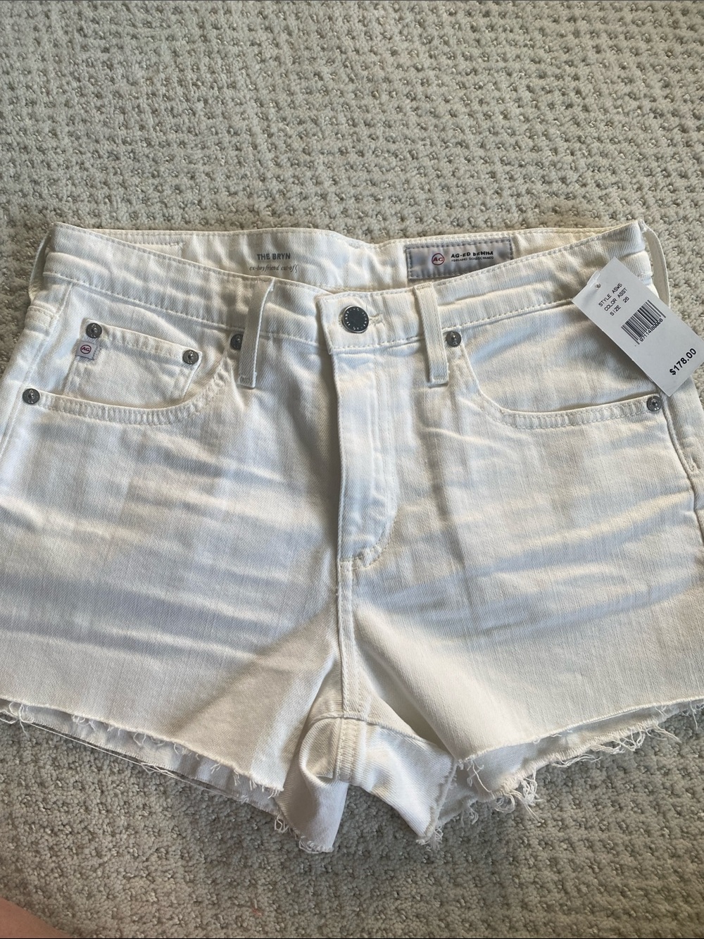 NWT AG Women’s White Brynn Cutoff Denim Shorts, 26